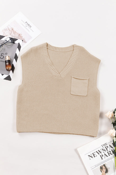 Textured V Neck Pocket Detail Cap Sleeve Knit Top