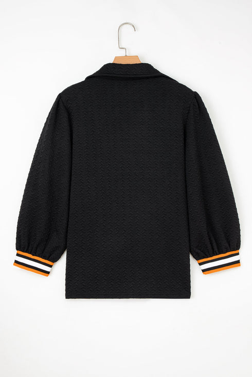 Textured V Neck Puff Sleeve Contrast Trim Top