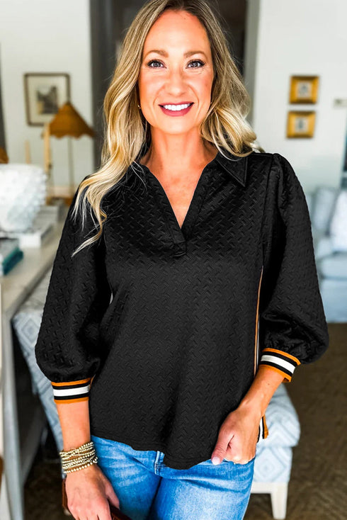Textured V Neck Puff Sleeve Contrast Trim Top
