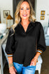 Textured V Neck Puff Sleeve Contrast Trim Top