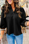 Textured V Neck Puff Sleeve Contrast Trim Top