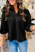 Textured V Neck Puff Sleeve Contrast Trim Top