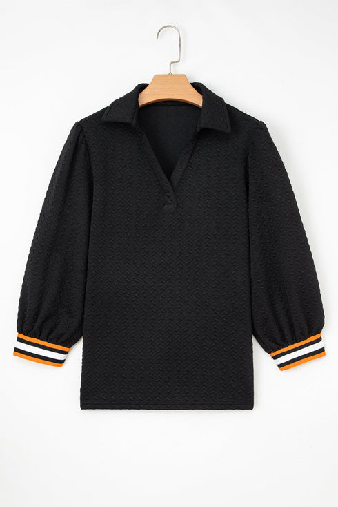 Textured V Neck Puff Sleeve Contrast Trim Top