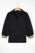 Textured V Neck Puff Sleeve Contrast Trim Top