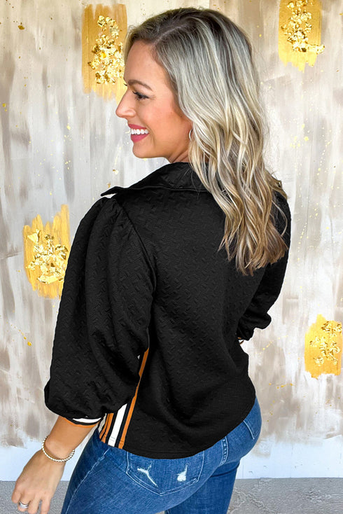 Textured V Neck Puff Sleeve Contrast Trim Top