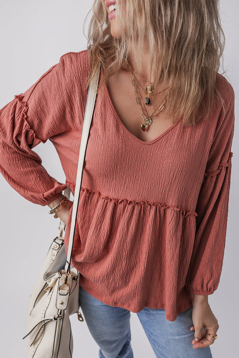 Textured V Neck Ruffle Tiered Babydoll Blouse