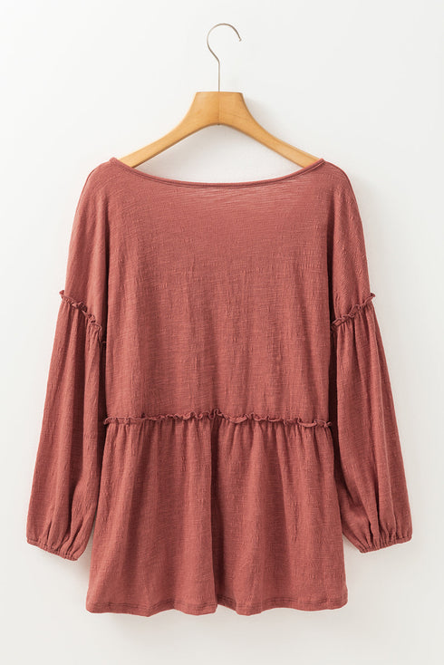 Textured V Neck Ruffle Tiered Babydoll Blouse