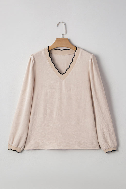 Textured V Neck Scallop Trim Long Sleeve Blouse