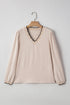 Textured V Neck Scallop Trim Long Sleeve Blouse
