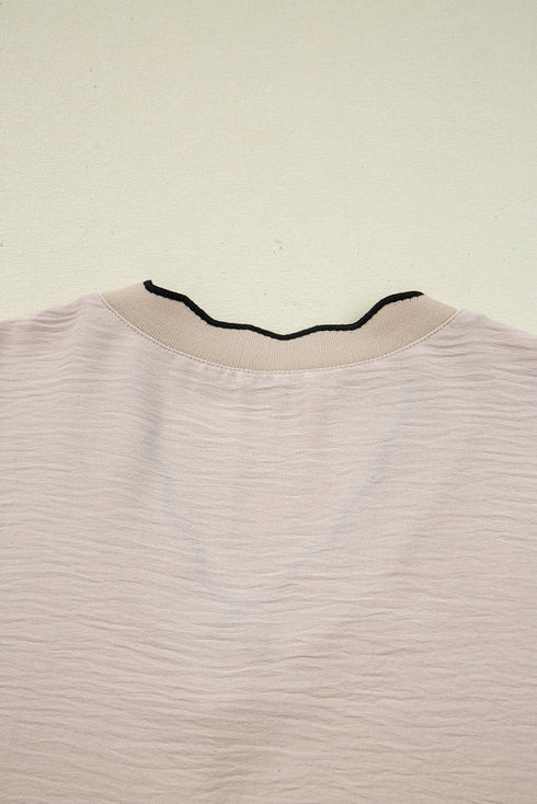 Textured V Neck Scallop Trim Long Sleeve Blouse