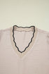Textured V Neck Scallop Trim Long Sleeve Blouse