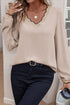 Textured V Neck Scallop Trim Long Sleeve Blouse