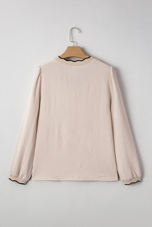 Textured V Neck Scallop Trim Long Sleeve Blouse