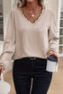 Textured V Neck Scallop Trim Long Sleeve Blouse