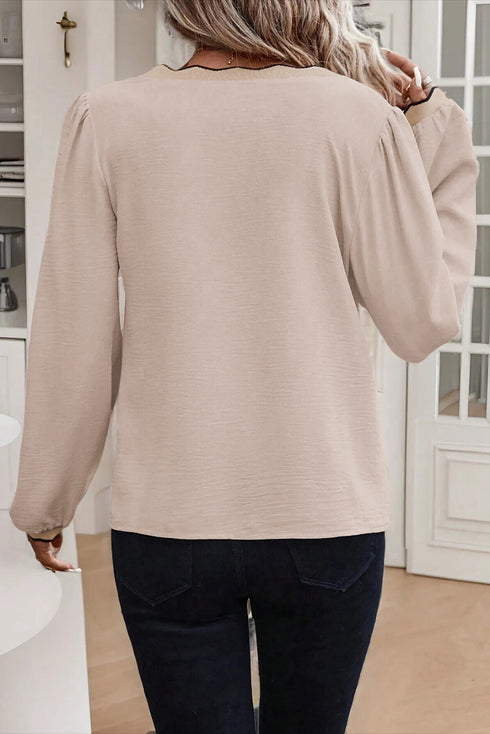 Textured V Neck Scallop Trim Long Sleeve Blouse