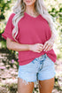 Textured V Neck Short Sleeve Rolled Cuff Top