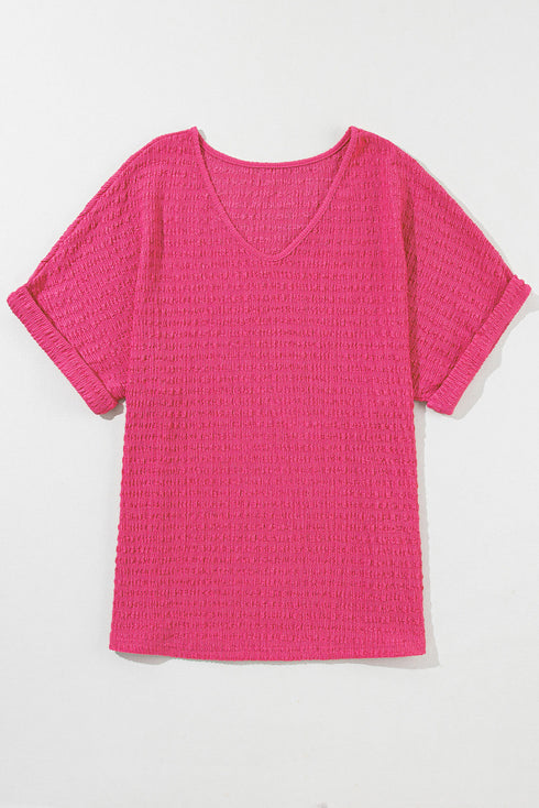 Textured V Neck Short Sleeve Rolled Cuff Top
