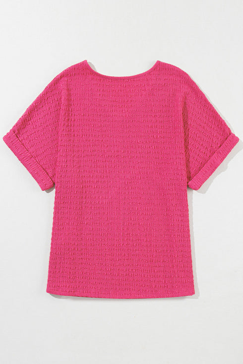Textured V Neck Short Sleeve Rolled Cuff Top