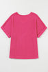Textured V Neck Short Sleeve Rolled Cuff Top