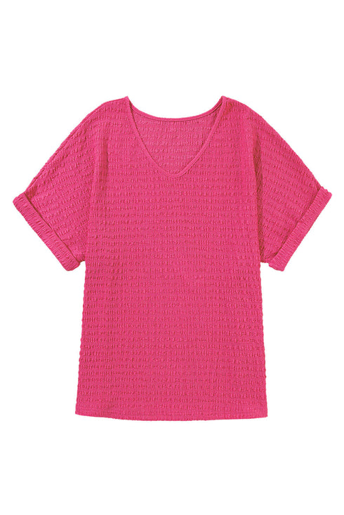 Textured V Neck Short Sleeve Rolled Cuff Top