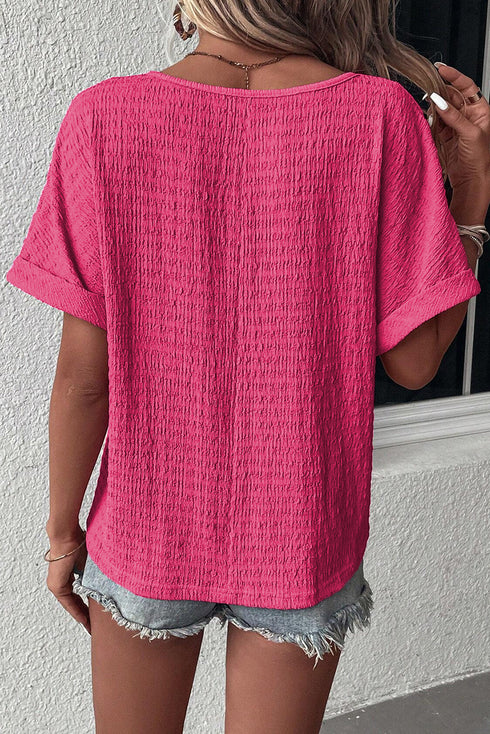 Textured V Neck Short Sleeve Rolled Cuff Top