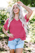 Textured V Neck Short Sleeve Rolled Cuff Top