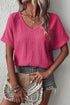 Textured V Neck Short Sleeve Rolled Cuff Top