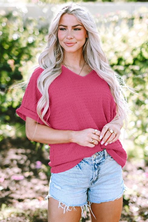 Textured V Neck Short Sleeve Rolled Cuff Top