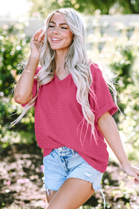 Textured V Neck Short Sleeve Rolled Cuff Top