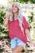 Textured V Neck Short Sleeve Rolled Cuff Top