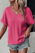Textured V Neck Short Sleeve Rolled Cuff Top