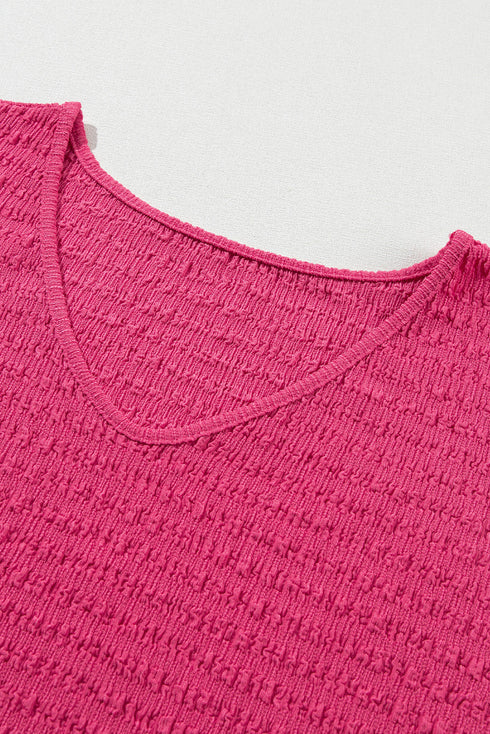 Textured V Neck Short Sleeve Rolled Cuff Top