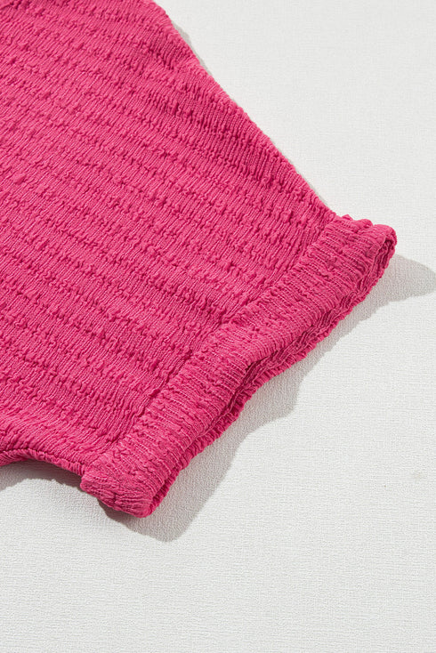 Textured V Neck Short Sleeve Rolled Cuff Top