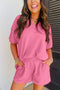 Textured V Neck Solid Casual Short Set