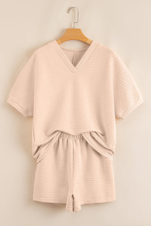 Textured V Neck Solid Casual Short Set