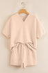 Textured V Neck Solid Casual Short Set