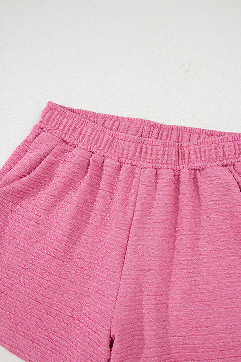 Textured V Neck Solid Casual Short Set