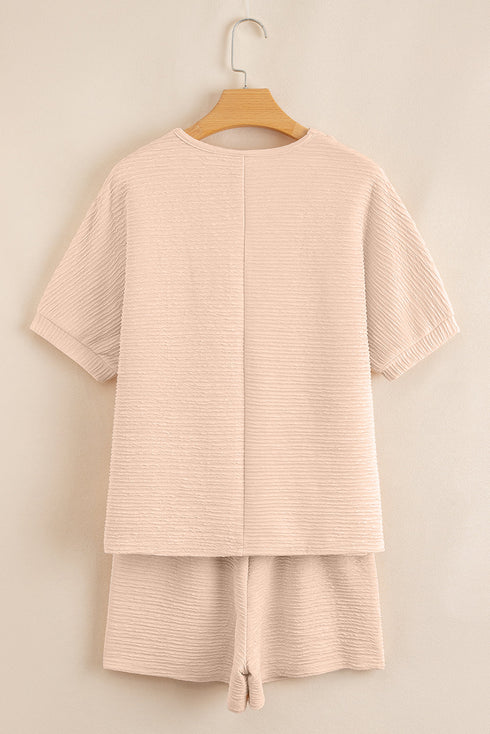 Textured V Neck Solid Casual Short Set