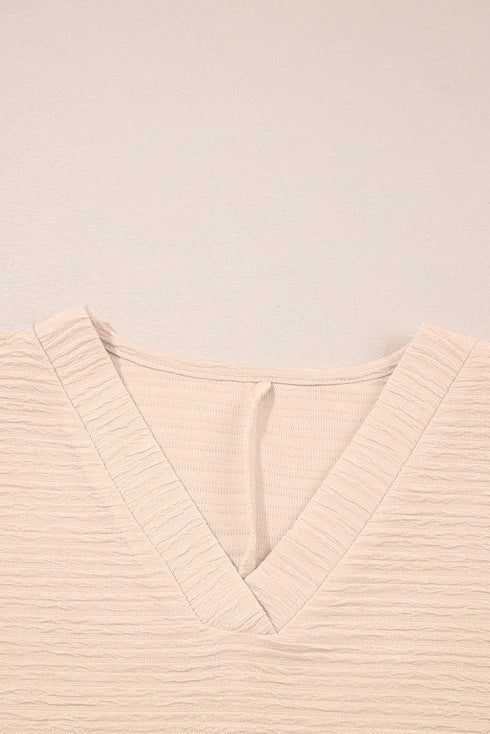 Textured V Neck Solid Casual Short Set