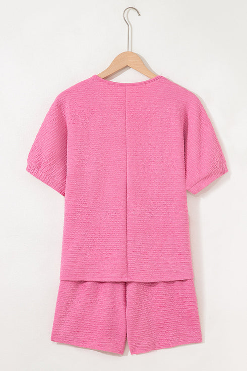 Textured V Neck Solid Casual Short Set
