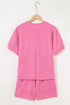 Textured V Neck Solid Casual Short Set