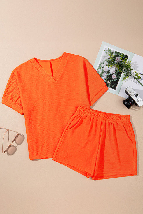 Textured V Neck Solid Casual Short Set