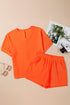 Textured V Neck Solid Casual Short Set
