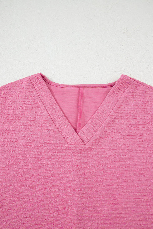 Textured V Neck Solid Casual Short Set