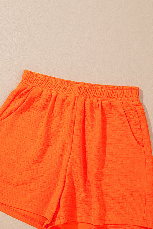Textured V Neck Solid Casual Short Set