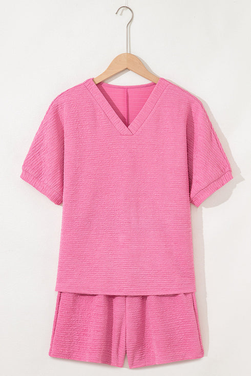 Textured V Neck Solid Casual Short Set