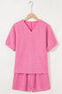 Textured V Neck Solid Casual Short Set