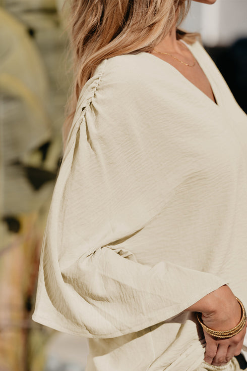 Textured V Neck Wide Sleeve Crinkled Fit Blouse