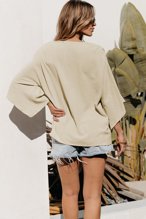 Textured V Neck Wide Sleeve Crinkled Fit Blouse