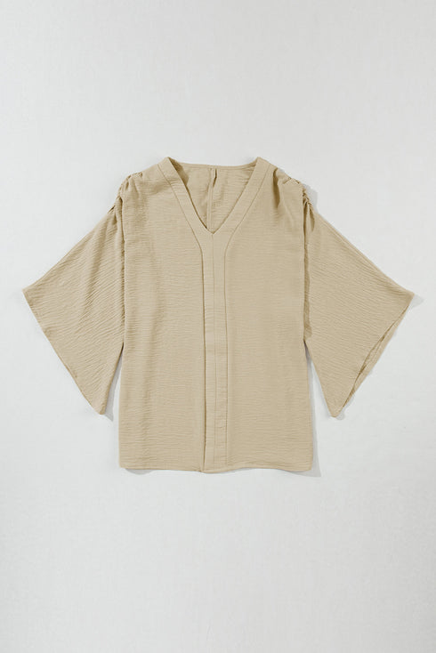 Textured V Neck Wide Sleeve Crinkled Fit Blouse